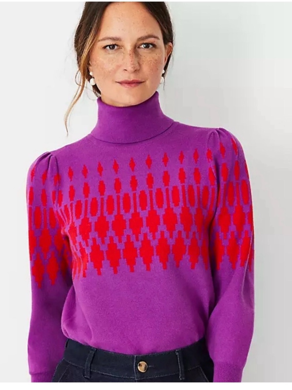 Ann Taylor Fair Isle Purple and Red Turtleneck Women's Sweater